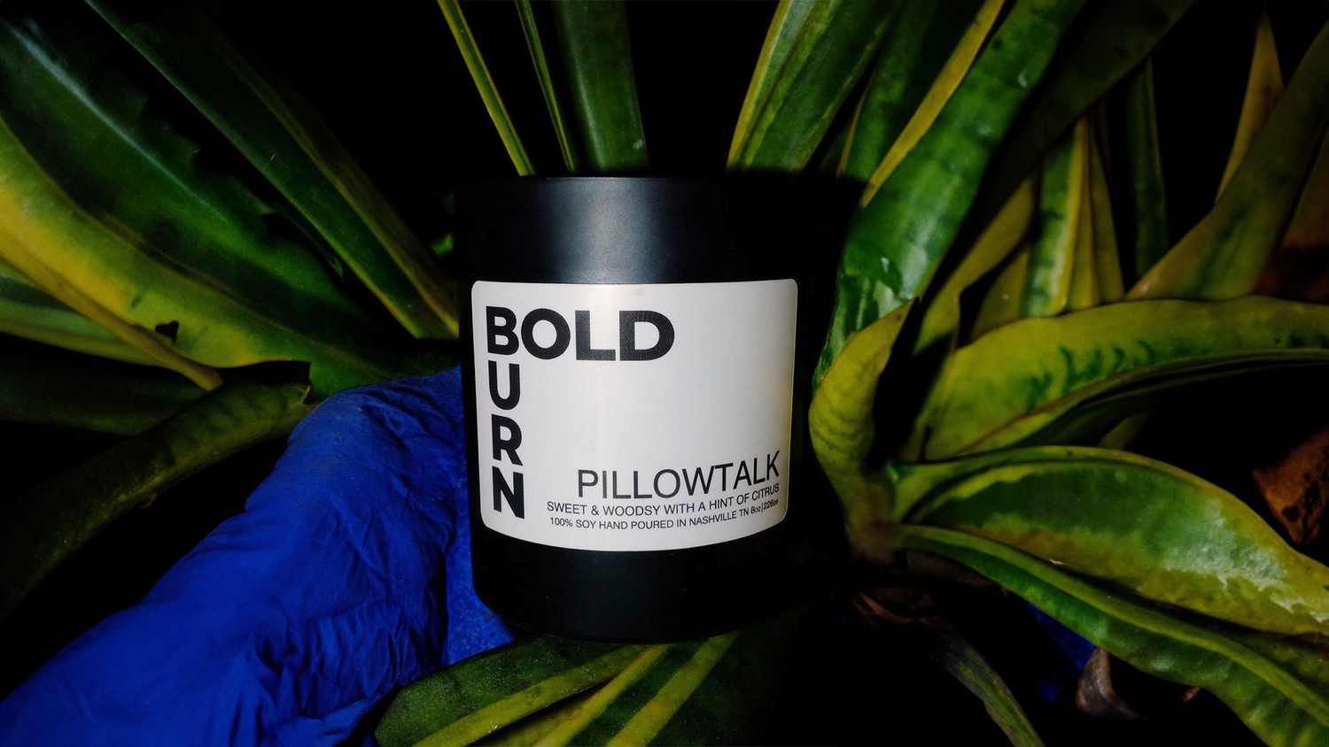Bold Burn two-wick scented candle Pillowtalk resting near foliage 