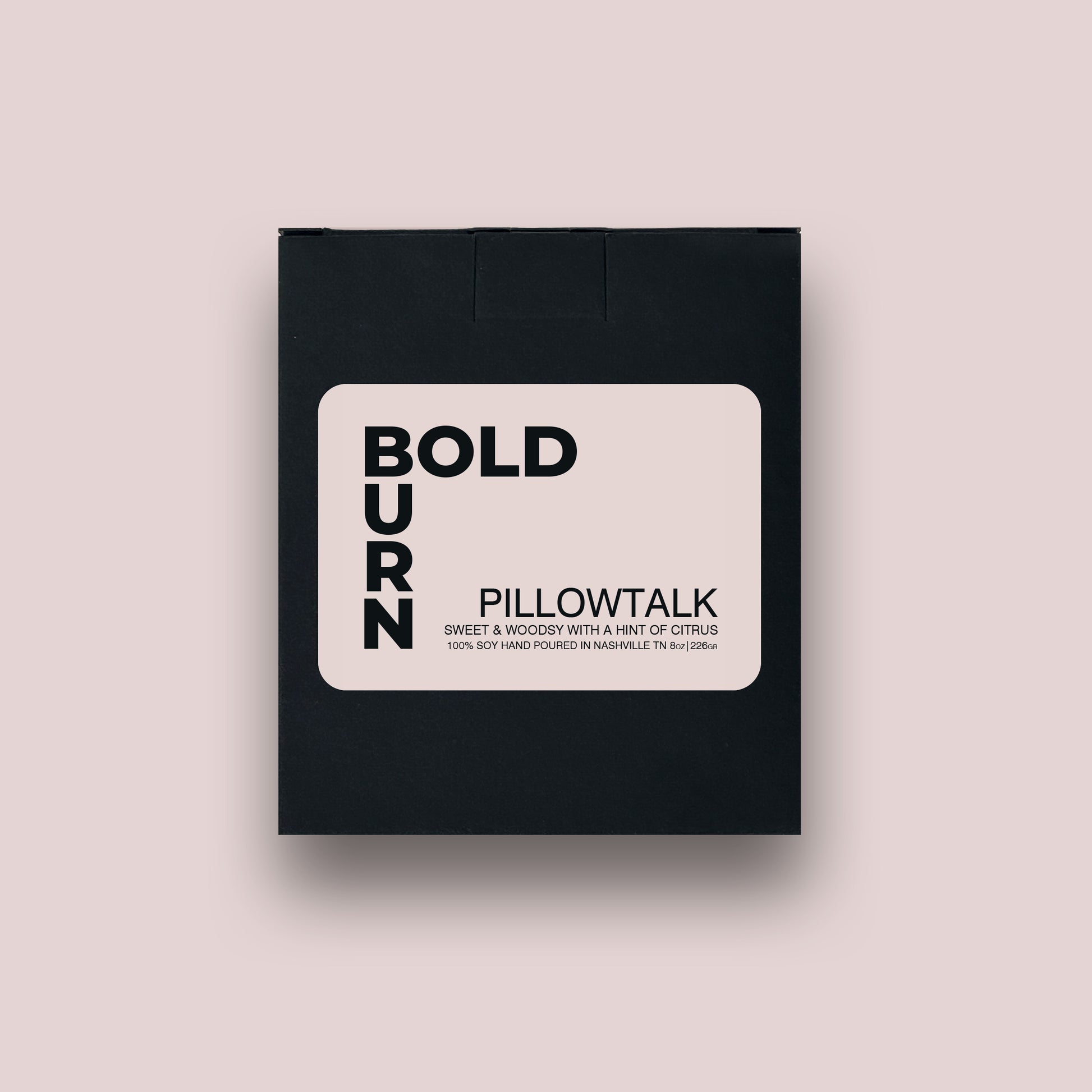 Bold Burn Pillowtalk black gift box with white label containing Bold Burn logo and candle name